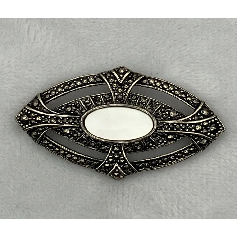 Vtg Avon Art Deco Revival Silver Tone Mother of Pearl Marcasite Style Brooch Pin
